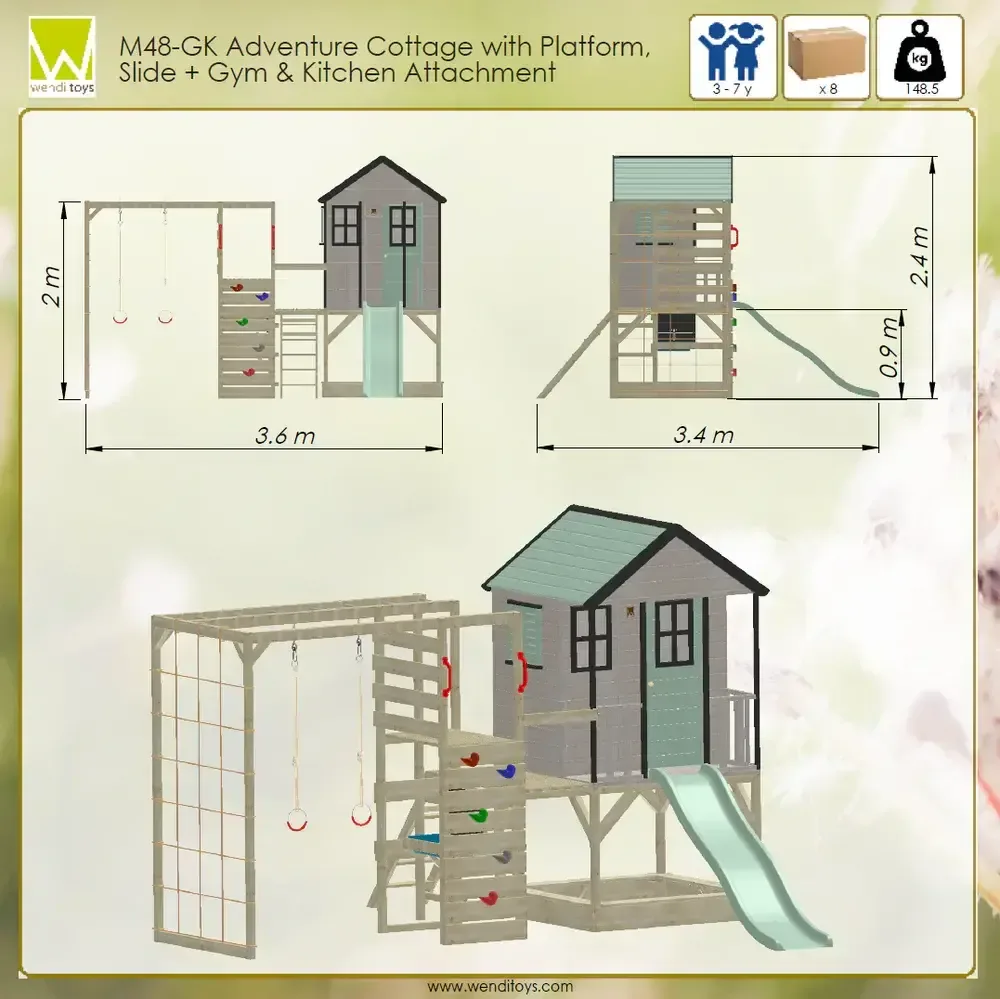 Детска къщичка за приключения Cottage House с платформа, пързалка, фитнес и кухня - Пастелно зелен, снимка 8