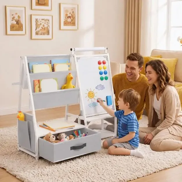 Детска етажерка с органайзер за играчки и магнитна дъска за рисуване, сива, снимка 6