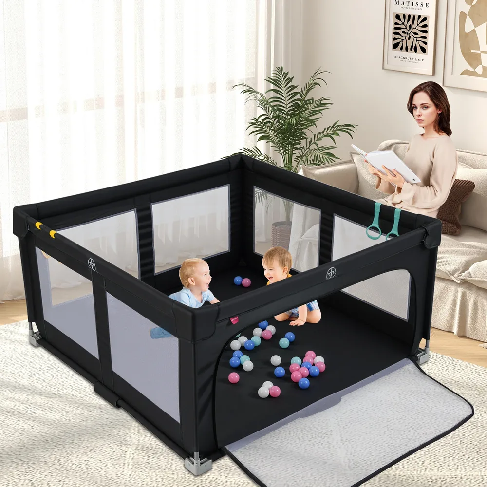 Сгъваема бебешка кошара 150 × 150 см с 50 топки, 4 халки и врата с цип, черна, снимка 3