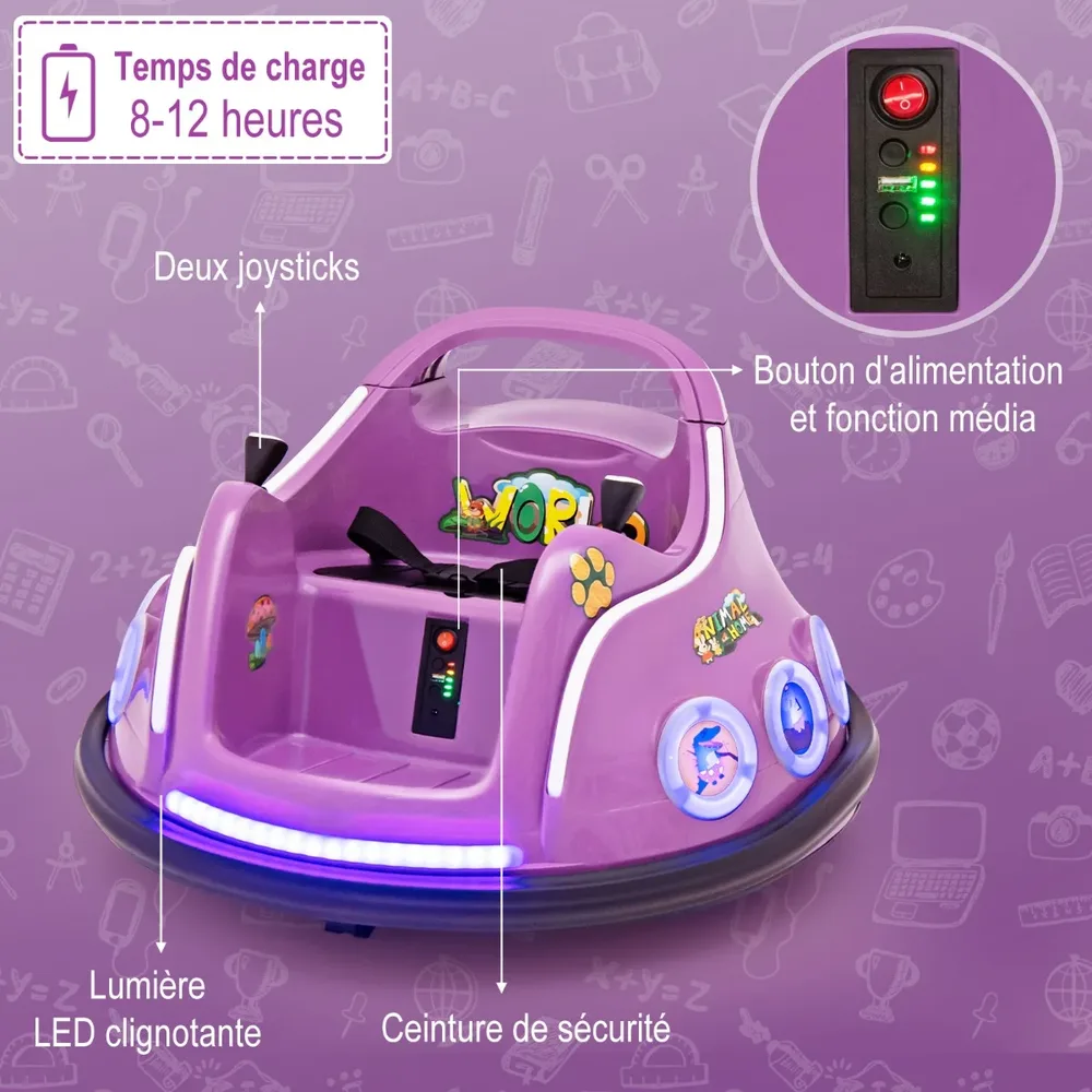 Детска електрическа бъмпер кола 12V с въртене на 360°, музика, светлини и дистанционно, лилава, снимка 4