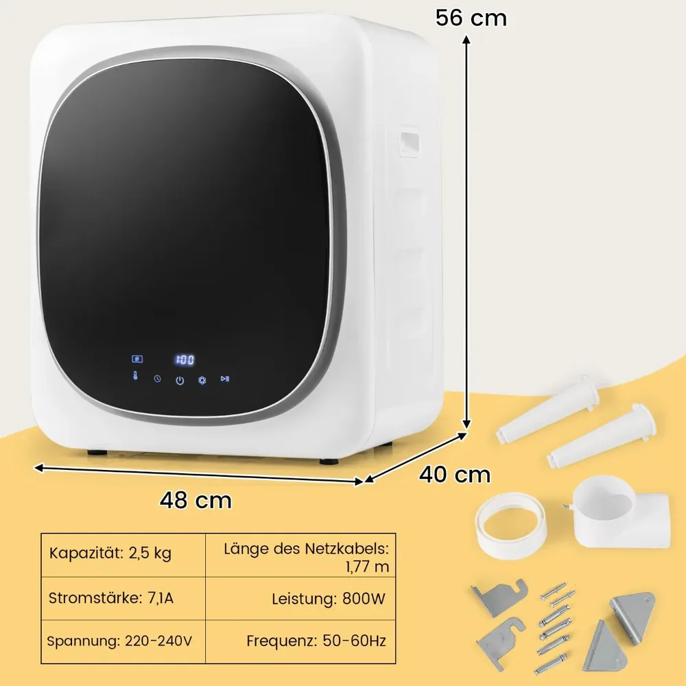 Компактна сушилня 2,5 кг, 800 W, с LED сензорен екран и барабан от неръждаема стомана, снимка 4