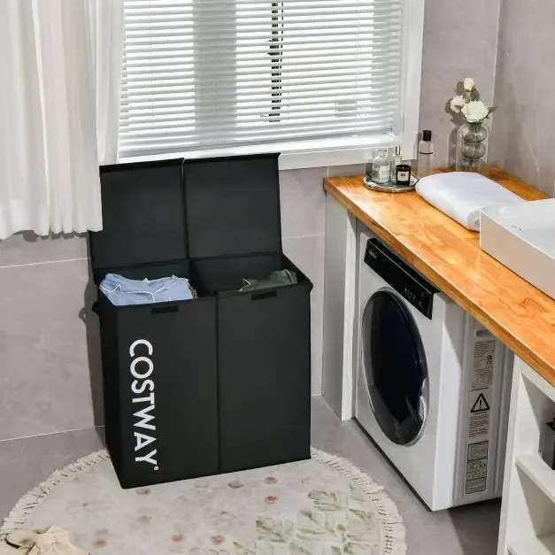 Кош за пране 105 л с дървен капак и 2 отделения, черен, снимка 6