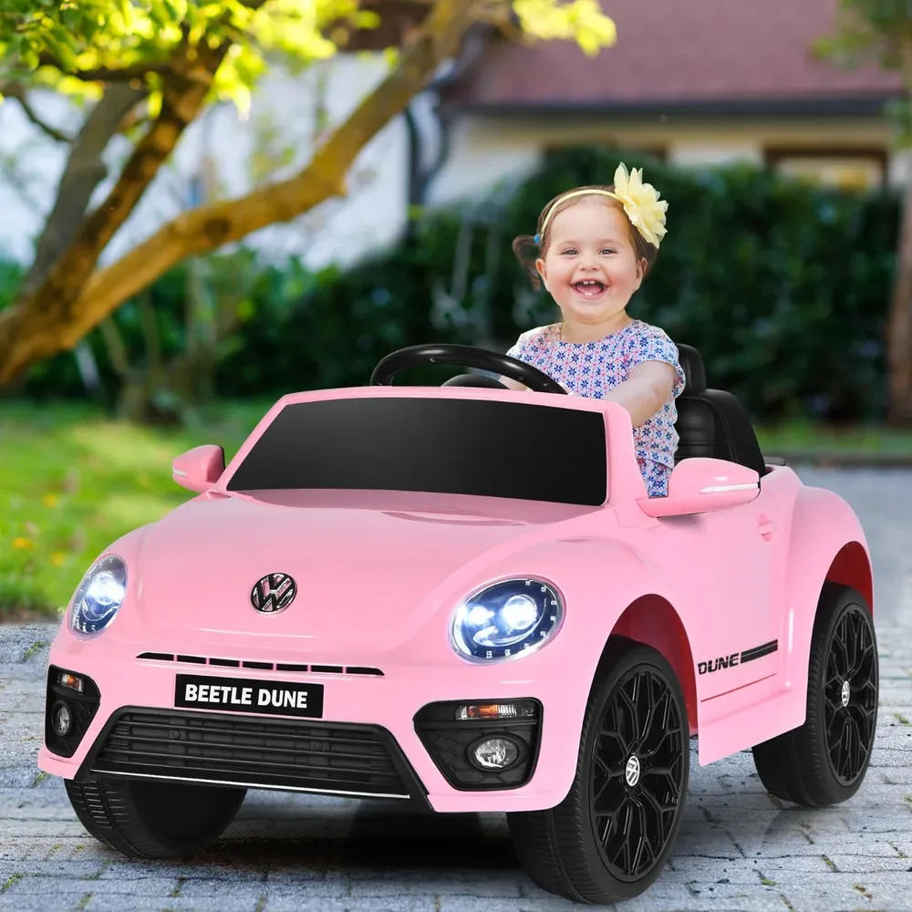 Детска електрическа кола VW Beetle с музика, 2 режима на светлини и дистанционно, розова