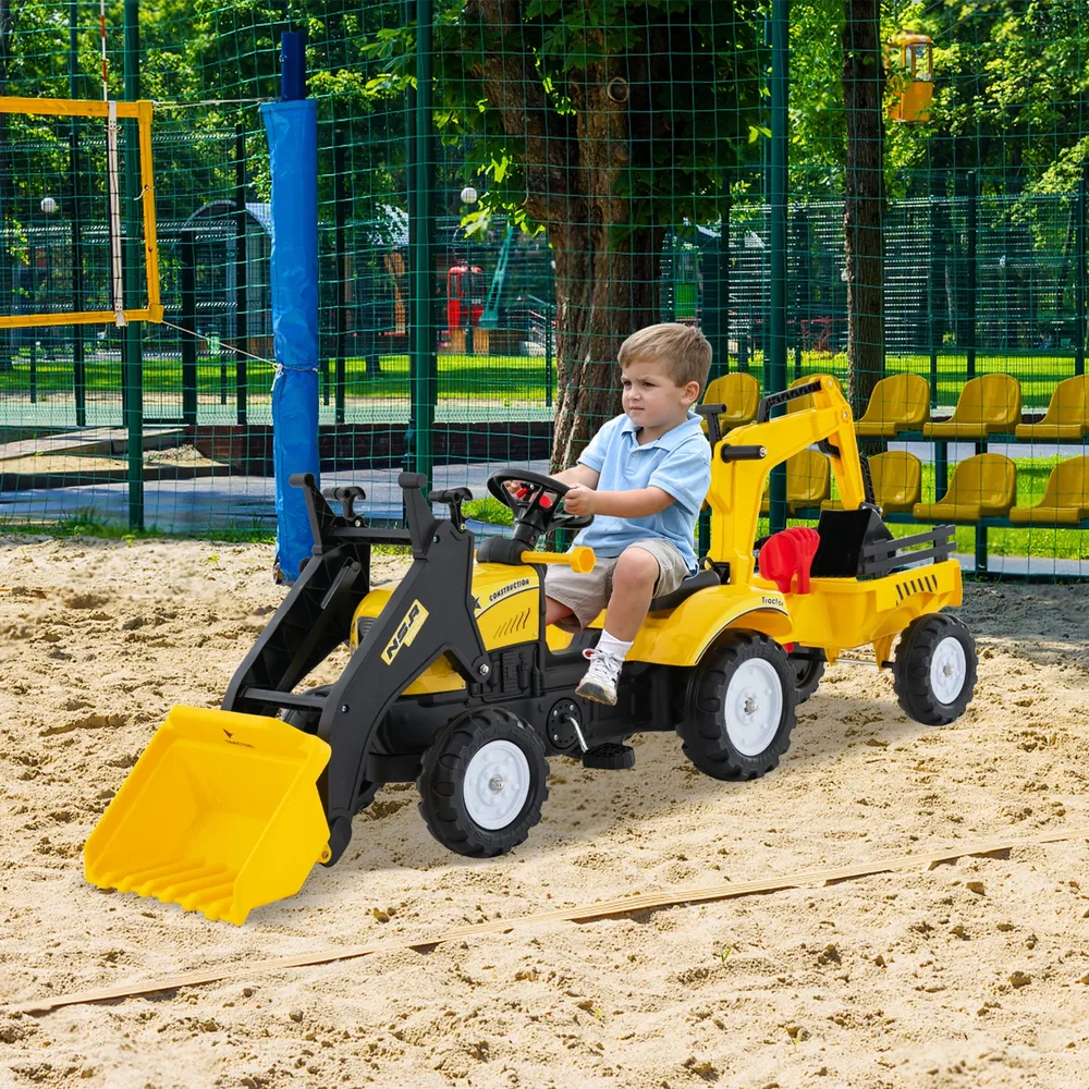 Детски багер за каране 3 в 1 с педали и откачащо се ремарке, жълт, снимка 6