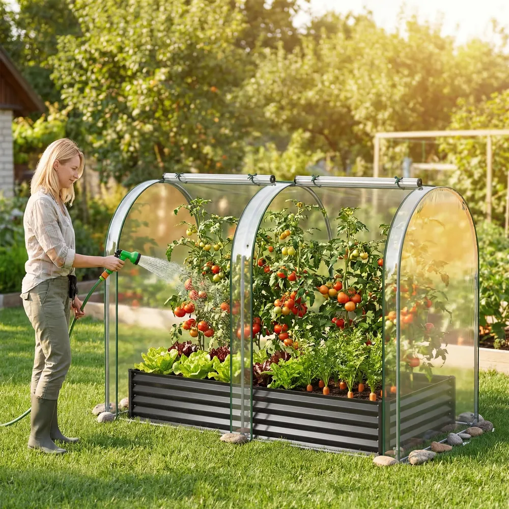 Поцинкована повдигната леха 180 × 90 × 30 см с оранжерийно покритие, черна, снимка 3