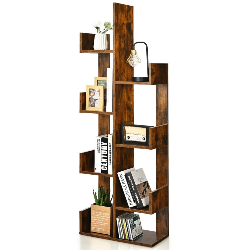 Етажерка за книги във формата на дърво с 8 отделения, 50 × 25 × 145 см, кафява