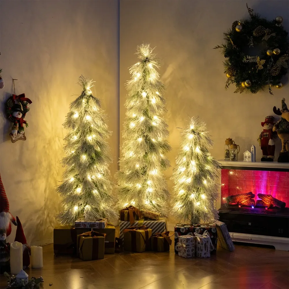 Комплект от 3 заснежени коледни елхи с топлобели LED светлини, 90/120/150 см, снимка 3