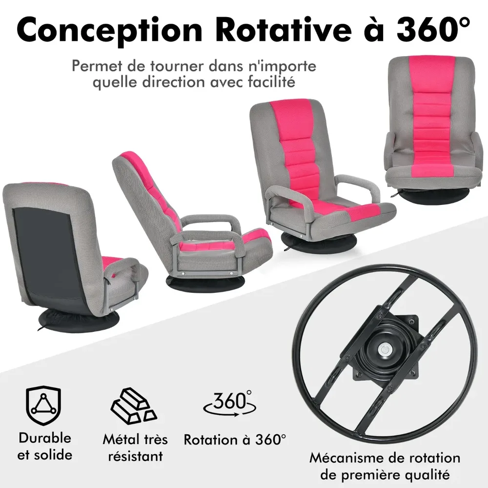 Сгъваем стол за под, въртящ се на 360°, с регулируема облегалка, розов, снимка 6