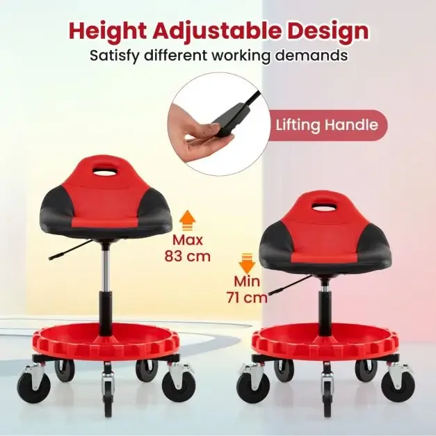 Работилнично столче на колелца с регулируема височина и поставка за инструменти, червено, снимка 8