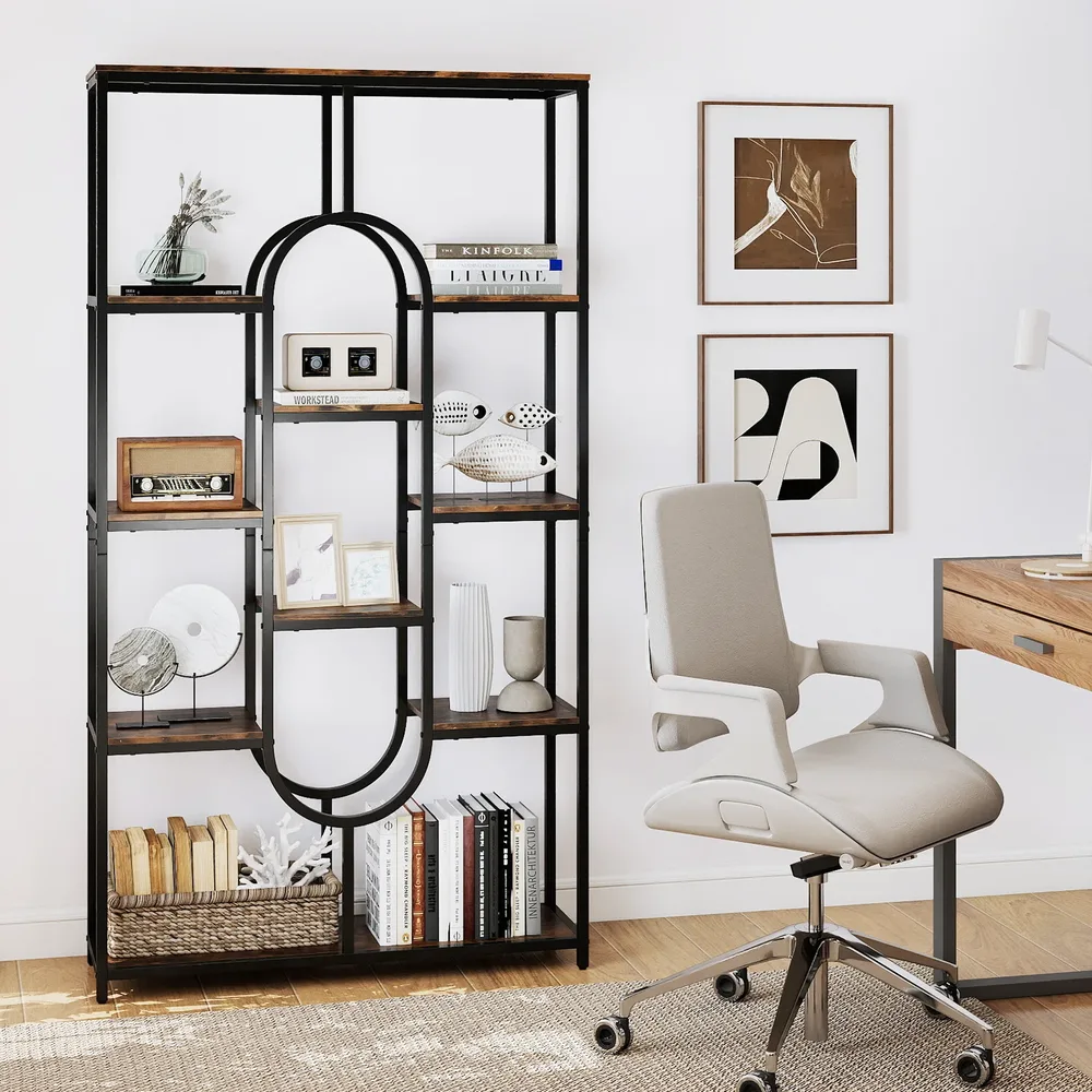 Индустриална овална етажерка с 5 открити рафта, 95 × 30 × 175 см, кафява, снимка 5
