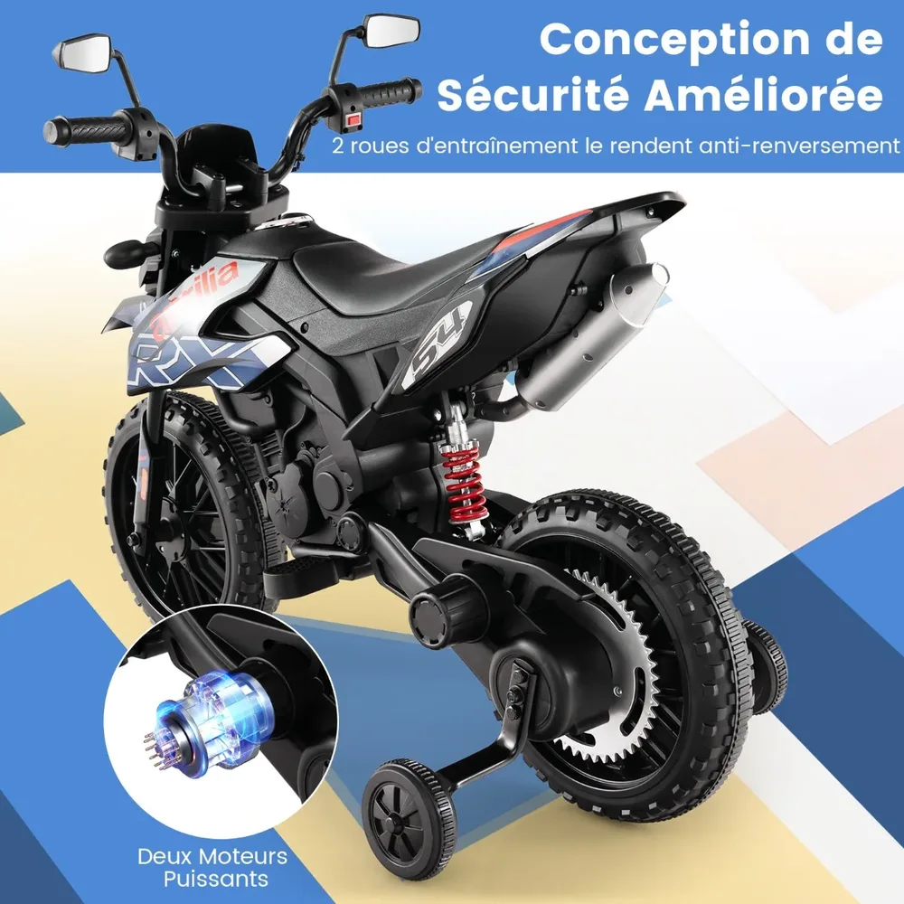 Детски електрически мотор Aprilia 12V с помощни колела, музика и фар, син, снимка 4
