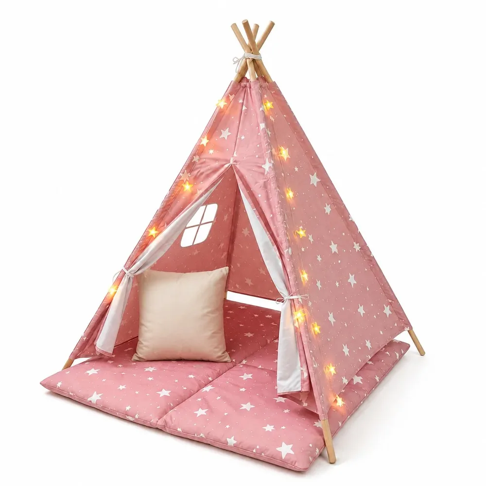 Детска памучна палатка Little Stars, типи, розова със звезди, 100% памук, с мека подложка с пълнеж, възглавница и LED лампички, 120x120x160 см, снимка 2