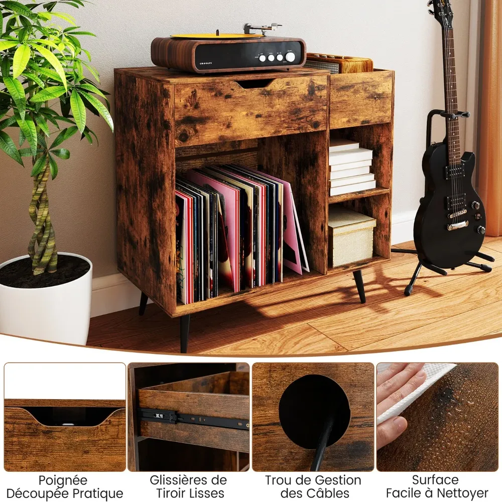 Стойка за грамофон с контакти, USB и Type-C, 79,5 × 40 × 79 см, рустик кафява, снимка 7