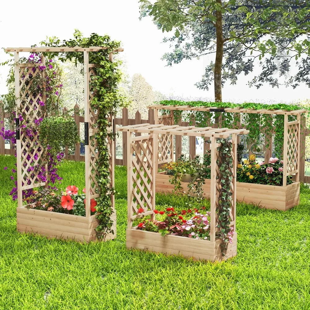 Дървена повдигната леха с решетки и висящ покрив, 200 × 44 × 114 см, натурална, снимка 7