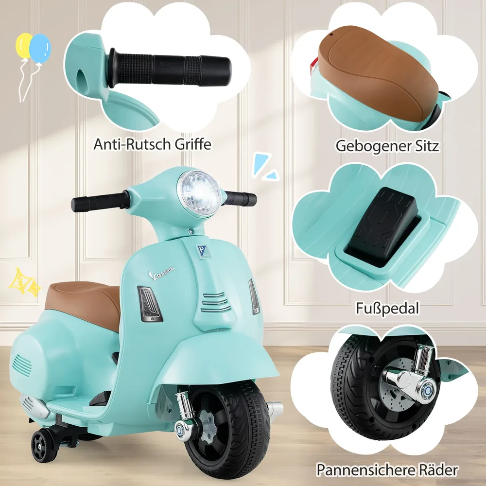 Детски електрически мотор Vespa 6V с LED фар и помощни колела, син, снимка 8