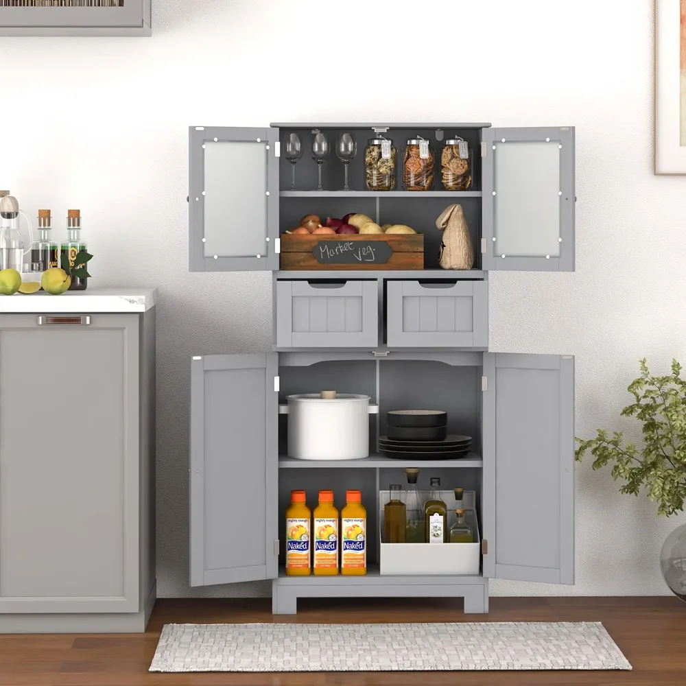 Шкаф за баня с 4 врати и 2 чекмеджета, 60 × 30 × 128 см, сив, снимка 5