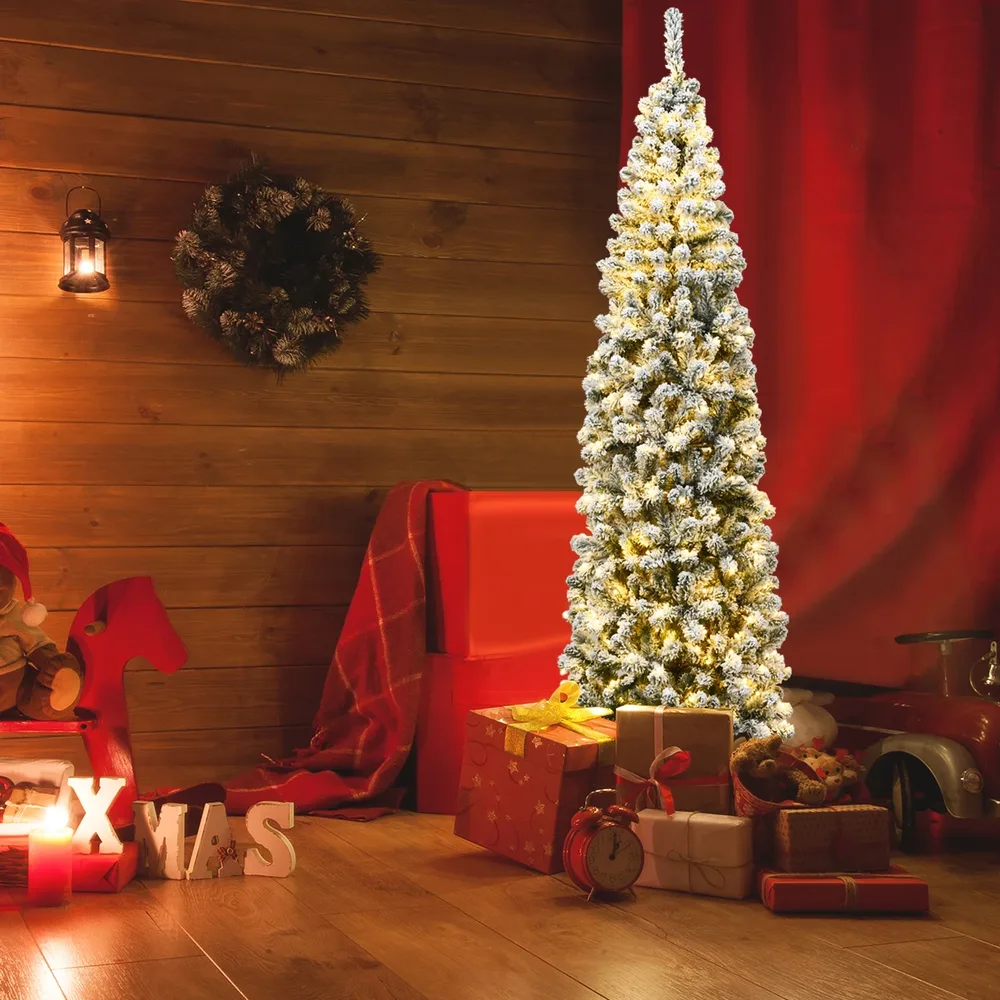 Изкуствена тясна заснежена елха с 350 топли LED светлини, 225 см, снимка 8