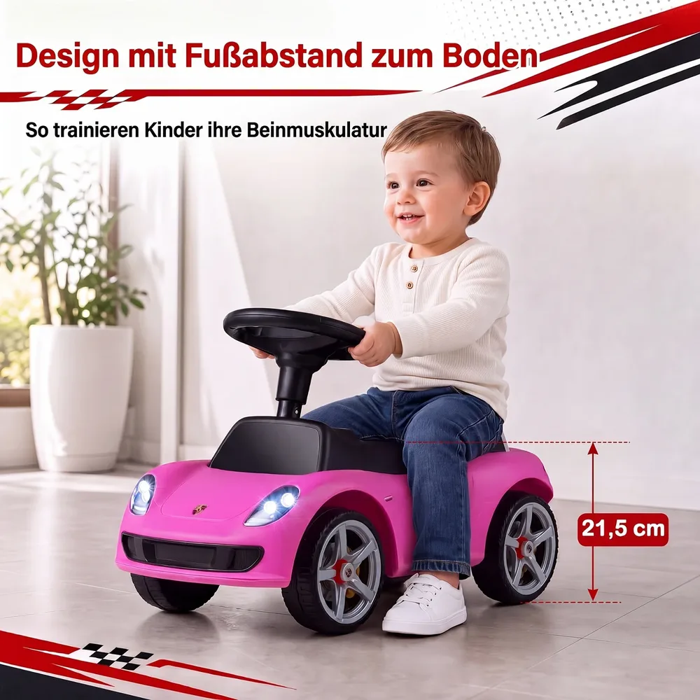 Детска кола за каране с краката Porsche с клаксон и звукови бутони, розова, снимка 4