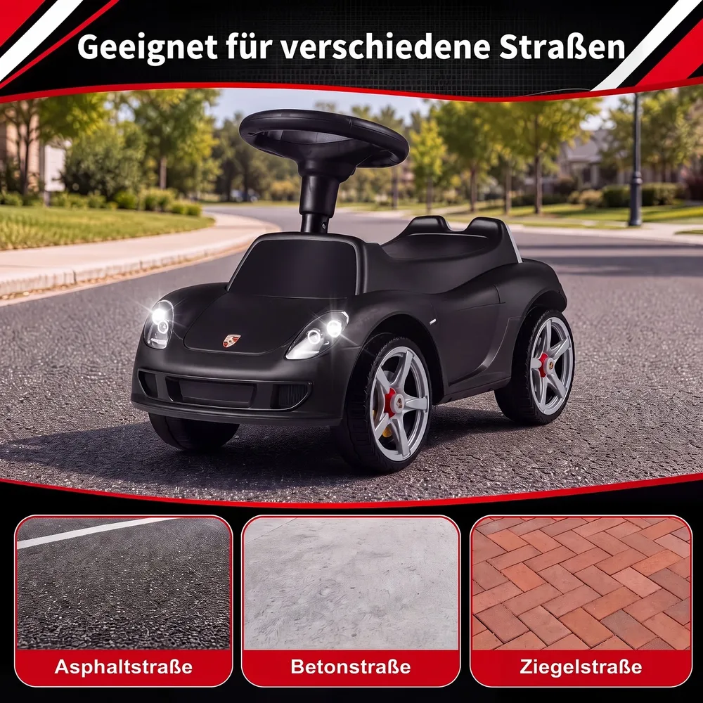 Детска кола за каране с краката Porsche с клаксон и звукови бутони, черна, снимка 2