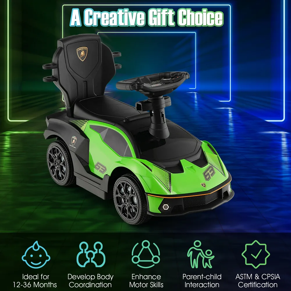Детска кола 3 в 1 Lamborghini за каране и бутане с дръжка и предпазна преграда, зелена, снимка 6