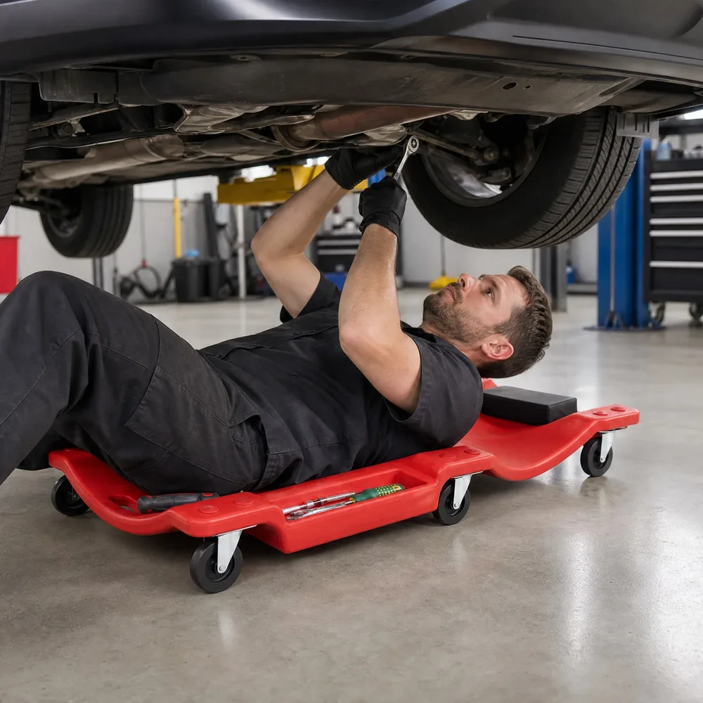 Ниска лежанка на колелца за ремонт под автомобил с подложка за глава, 91 см, червена, снимка 4