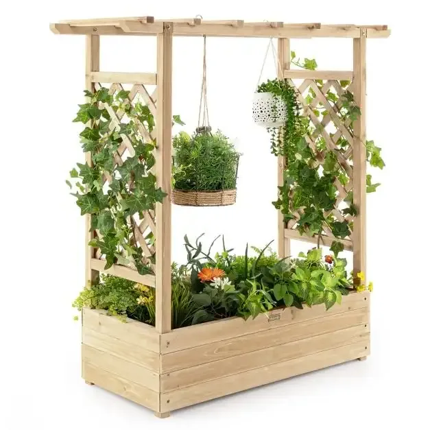 Дървена леха с решетки и висящ покрив, 110 × 44 × 113,5 см, натурална