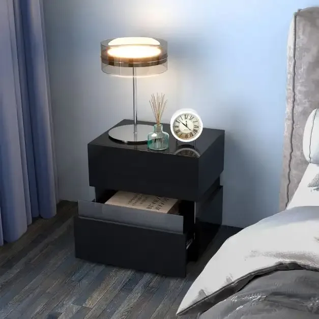 Нощно шкафче с 2 чекмеджета и LED осветление, черно, снимка 3