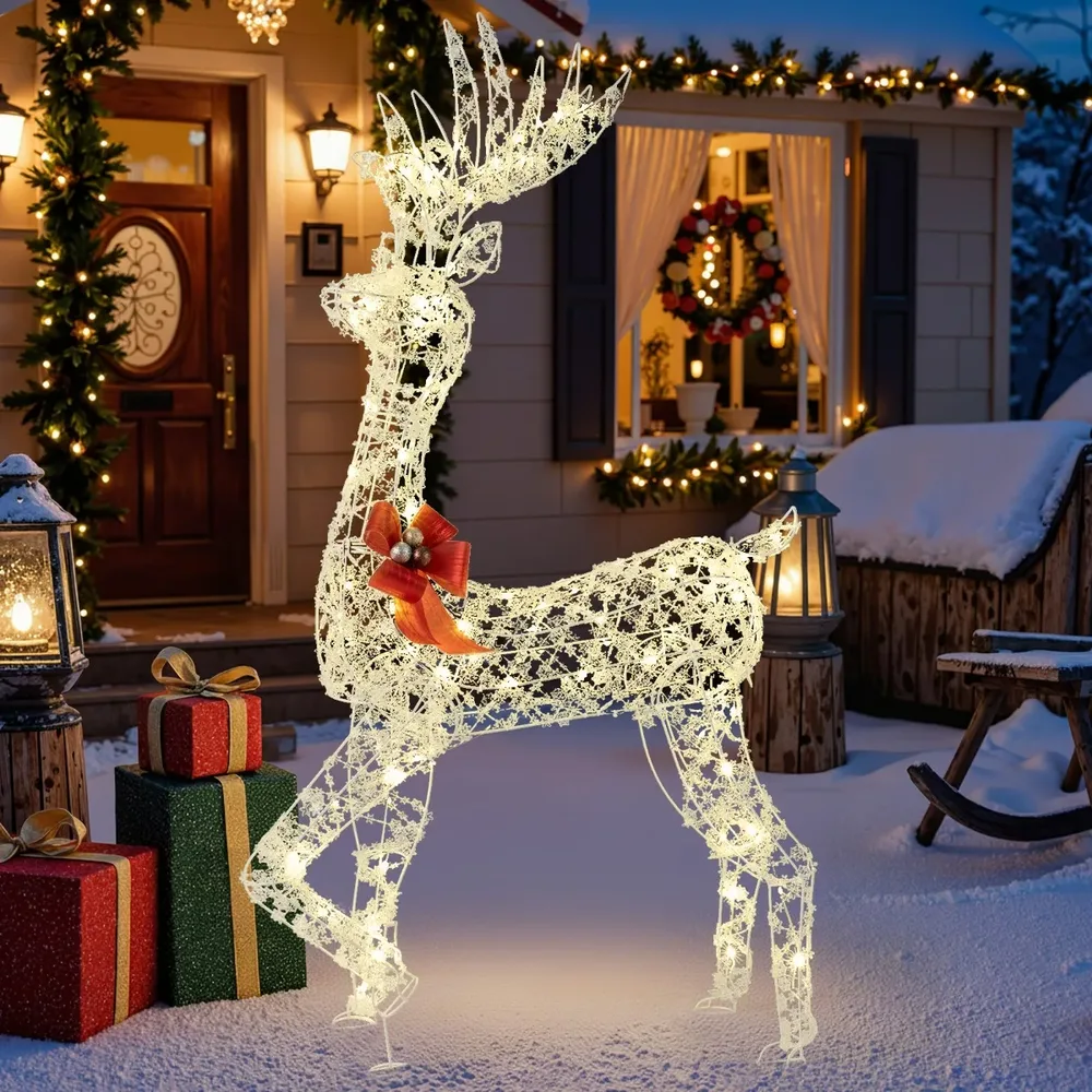 Светещ 3D елен, 150 см, със 100 студено бели LED светлини, бяло-червен, снимка 3