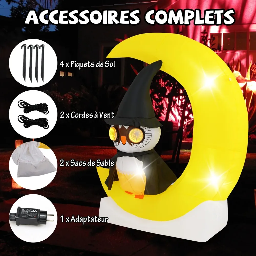 Надуваем бухал на полумесец за Хелоуин с LED светлини, 130 × 155 см, жълт, снимка 3