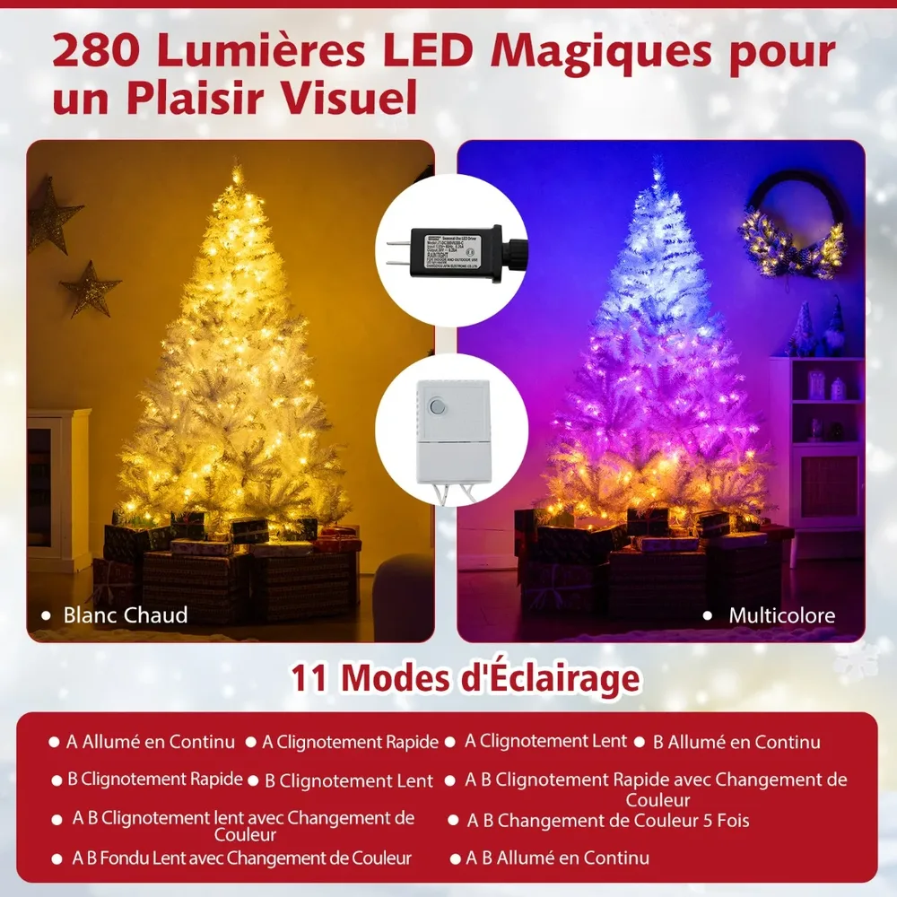 Коледна елха на панти с вградени 280 LED, 1000 върха и 11 режима, 180 см, бяла, снимка 7