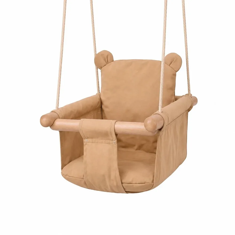 Детска дървена люлка мече – мека памучна седалка, до 30 кг, 28×28×196 см