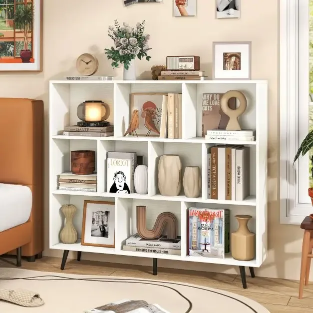 Етажерка с 10 кубични отделения и 5 конусовидни метални крака, 120 × 24 × 107 см, бяла, снимка 3