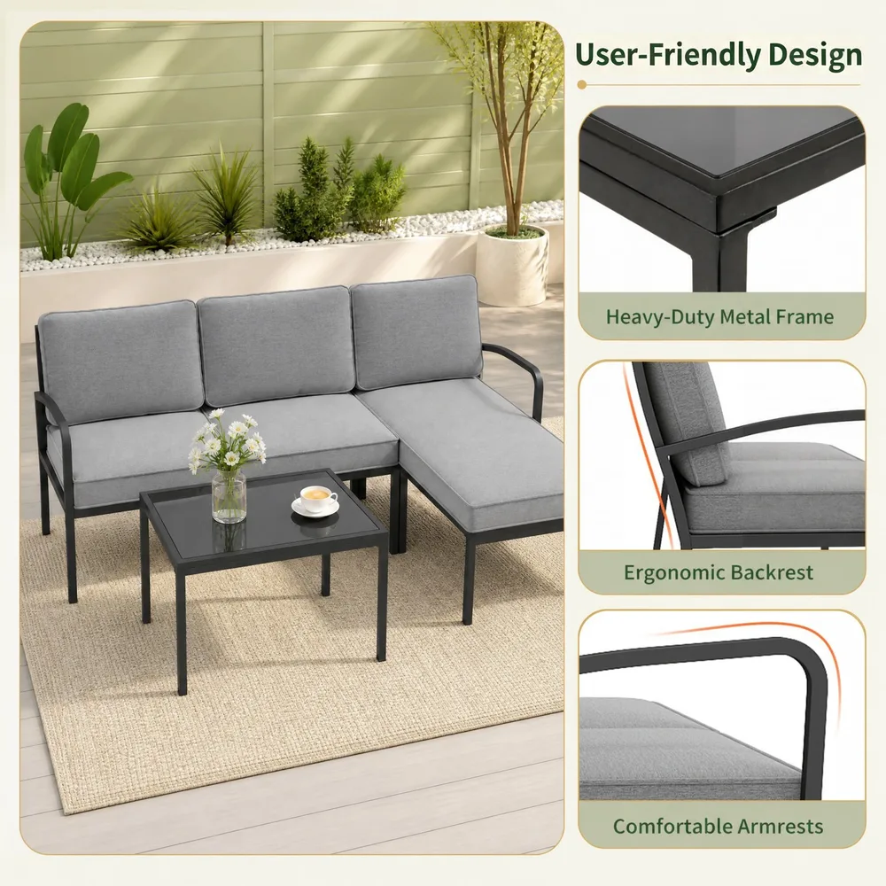 Комплект градински мебели от 3 части с двуместен диван, ъглов диван и маса, сив, снимка 5