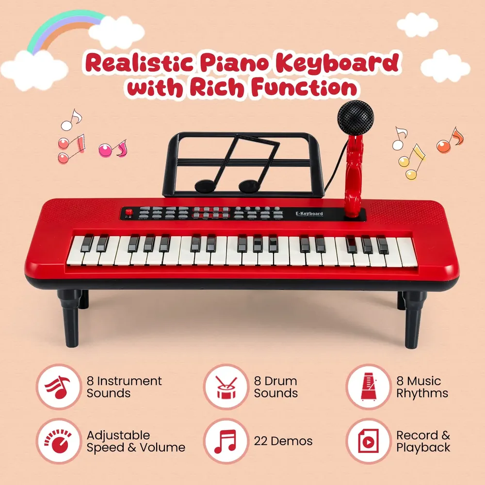 Детско преносимо пиано с 37 клавиша, микрофон и поставка за ноти, червено, снимка 6