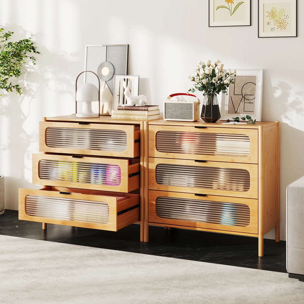 Скрин в стил mid-century с 3 чекмеджета, бамбук и рифлено стъкло, натурален, снимка 6