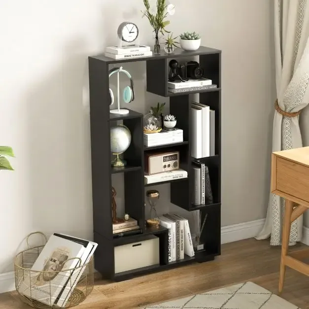 Геометрична етажерка с 11 рафта и защита от преобръщане, 70 × 20 × 120 см, черна, снимка 2