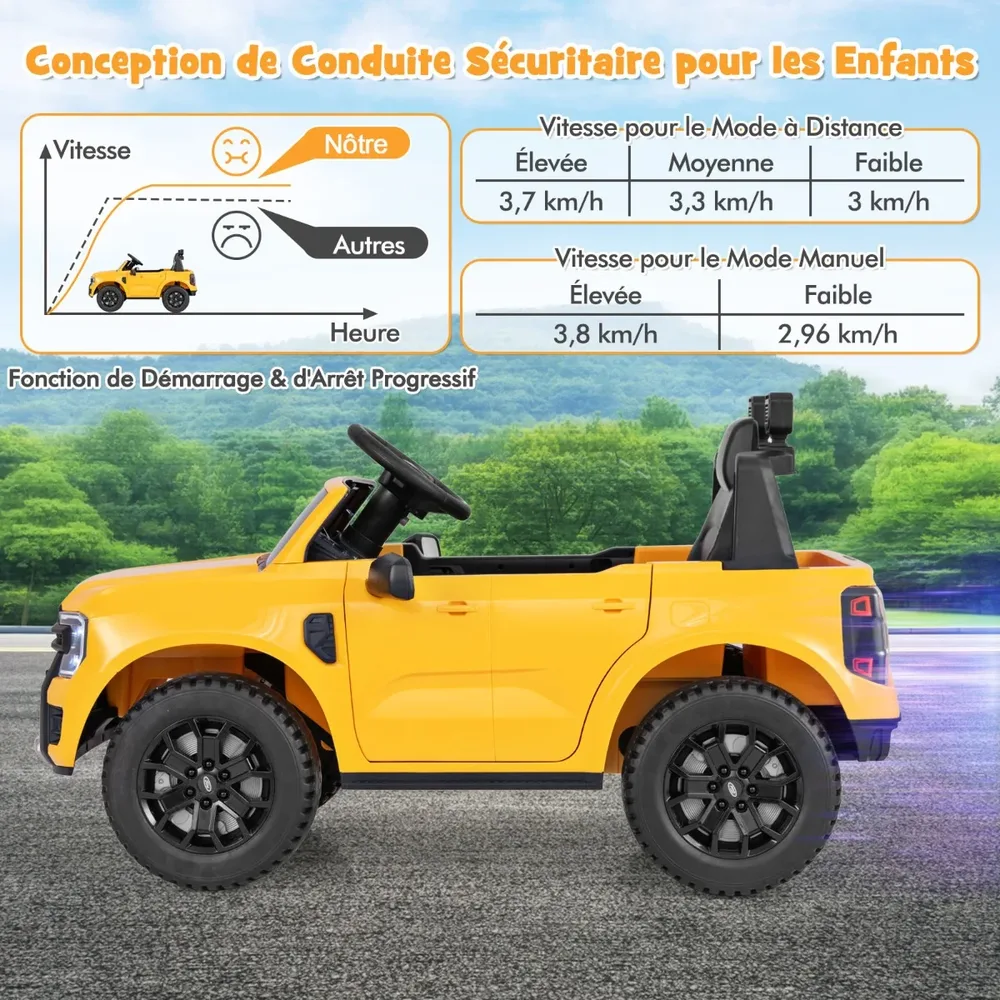 Детска електрическа кола Ford Ranger 12V с дистанционно, музика и кош за съхранение, жълта, снимка 2