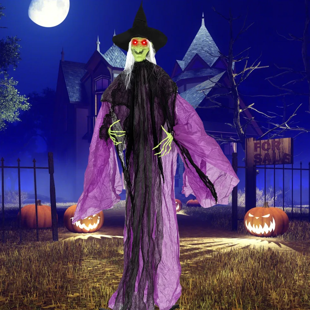 Стояща вещица за Хелоуин със светещи очи и автоматично движение на ръцете, 219 см, снимка 4