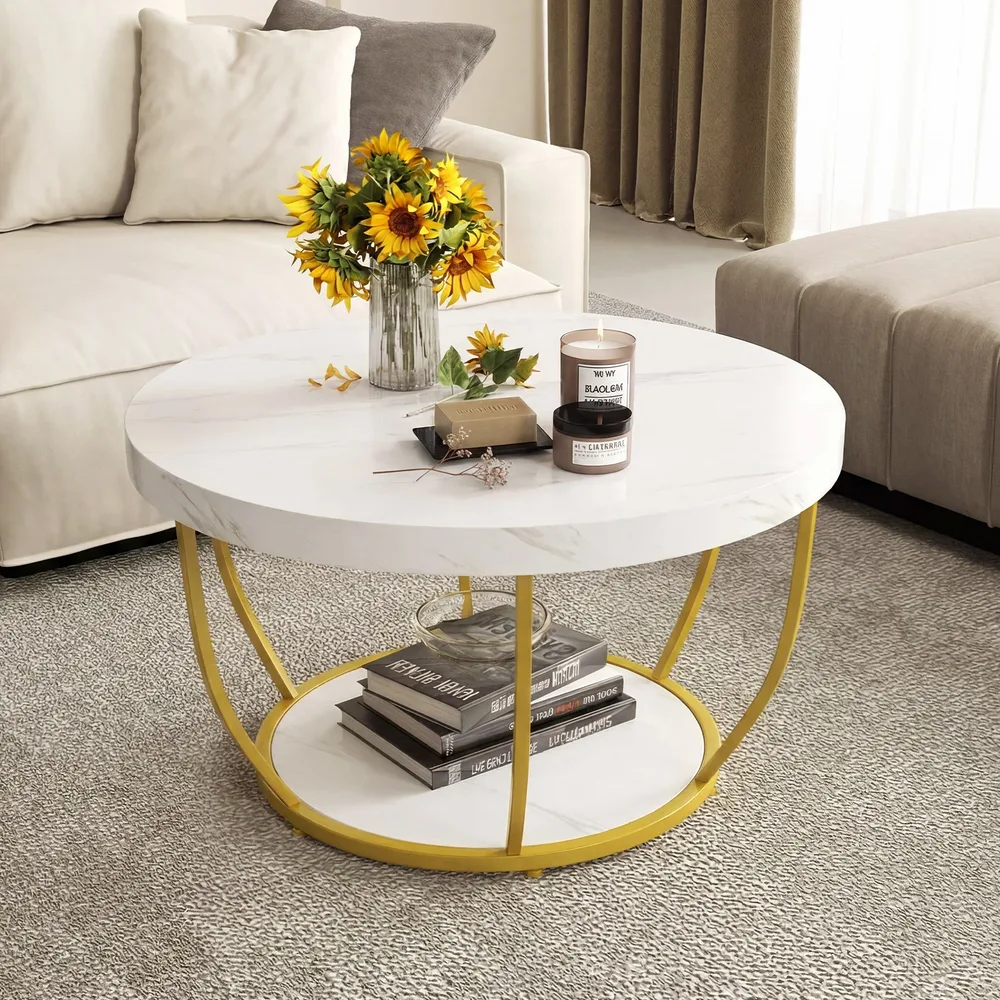 Кръгла холна маса 80 см на 2 нива с метална рамка и плот с дървесен декор, бяла, снимка 5