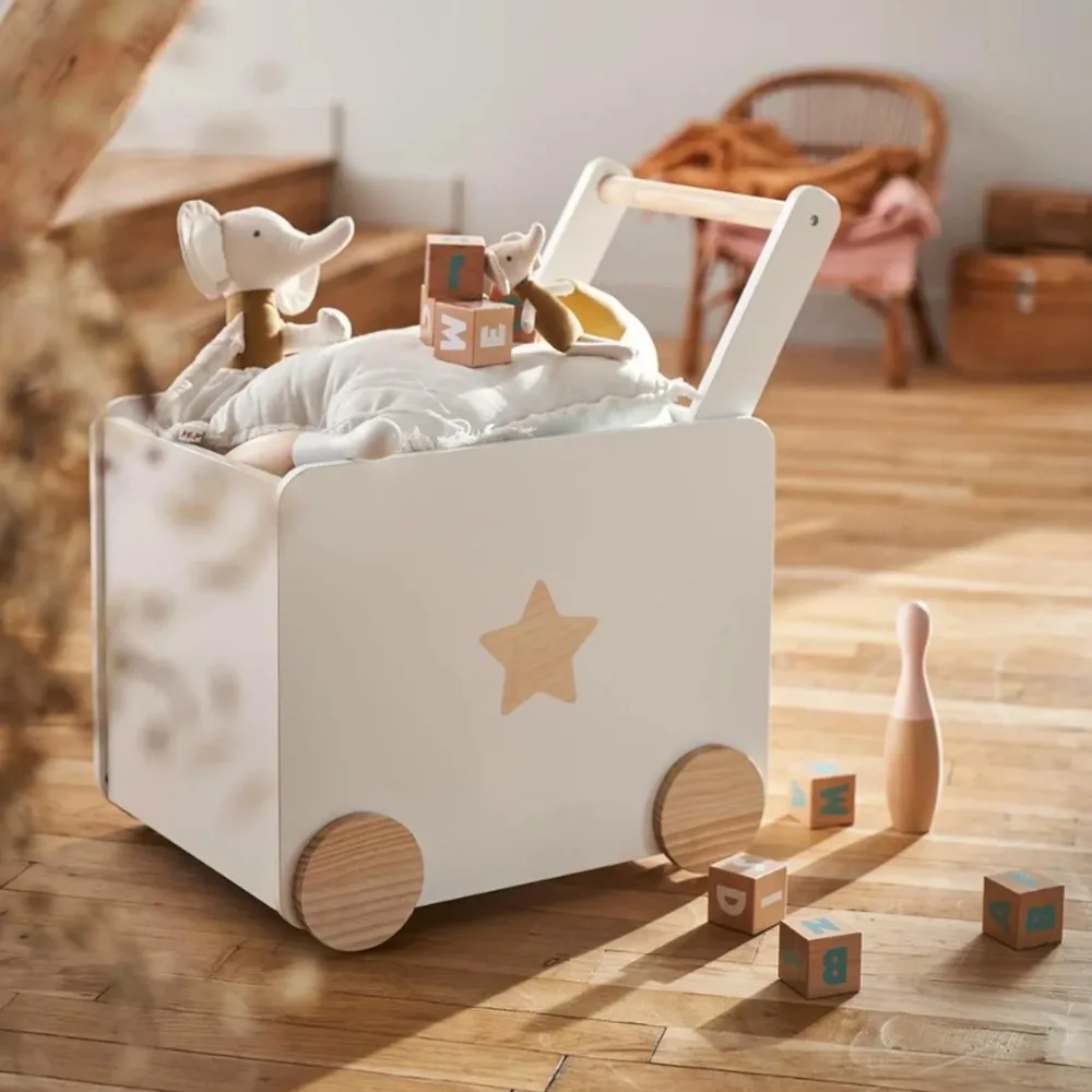 Кутия за играчки с колелца за бутане, дървена, бяла, 38х45х54 см., снимка 6