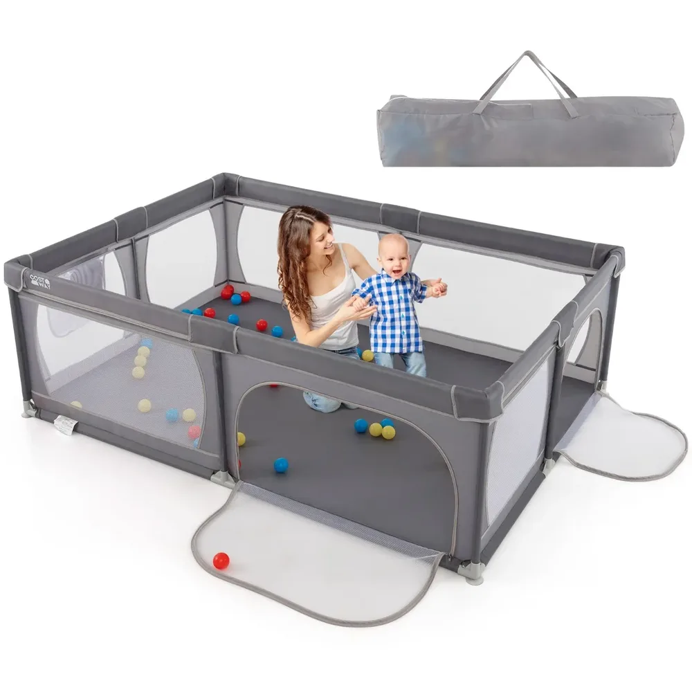 Бебешка кошара за игра с 50 топки, 2 вратички и дишаща мрежа, тъмносива