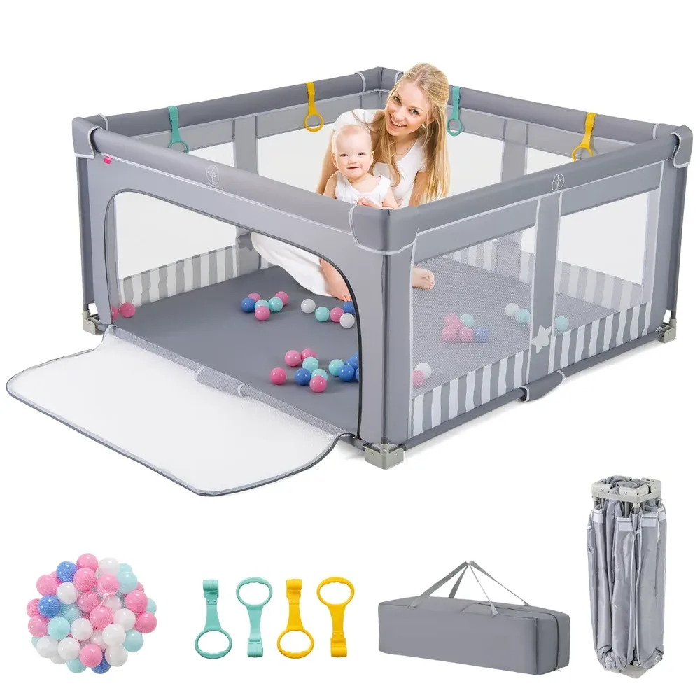 Сгъваема бебешка кошара 127 × 127 см с 50 топки, 4 халки и врата с цип, тъмносива