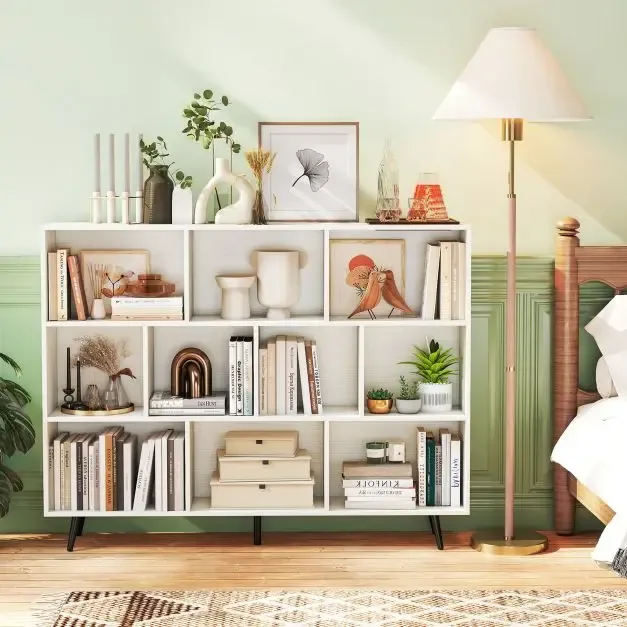 Етажерка с 10 кубични отделения и 5 конусовидни метални крака, 140 × 24 × 107 см, бяла, снимка 6