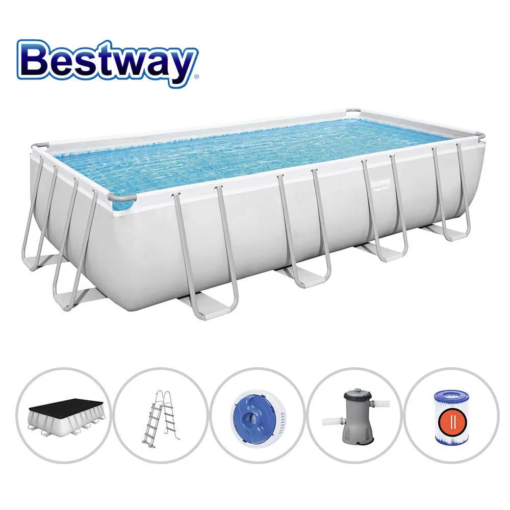 Басейн с метална конструкция, 488 × 244 × 122 см, Bestway 56670 Power Steel, с филтър, стълба, покривало, дозатор за хлор