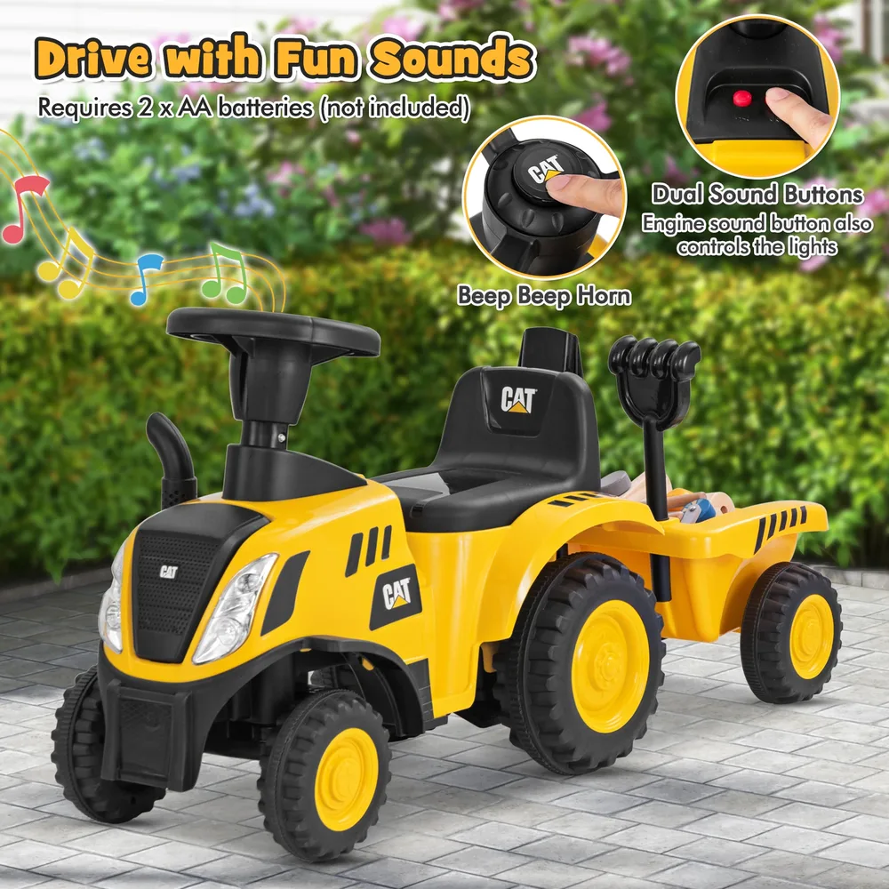 Детски трактор за каране с краката Caterpillar със сваляемо ремарке, жълт, снимка 5