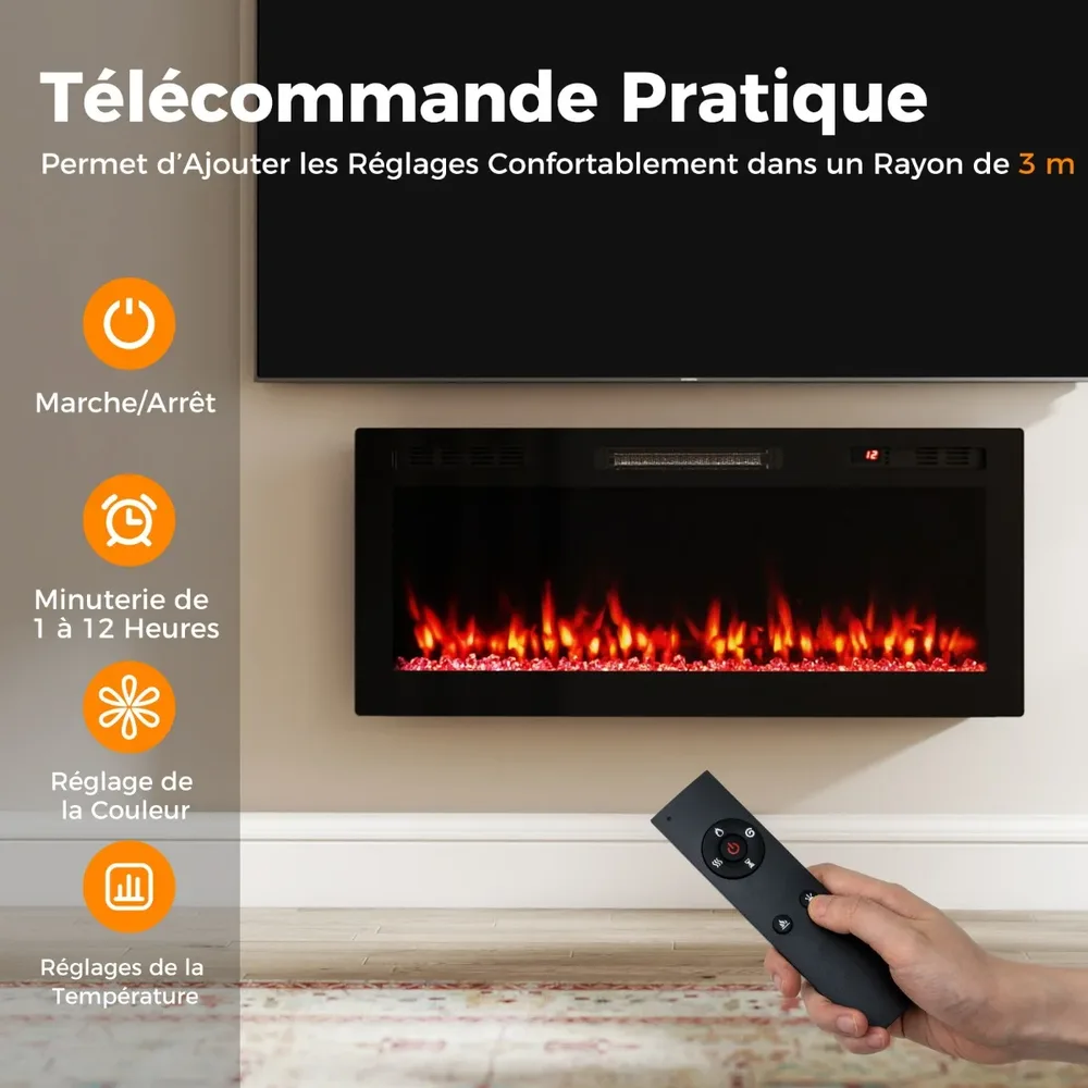 Електрическа камина за вграждане или стенен монтаж 750/1500 W с дистанционно, черна, снимка 5