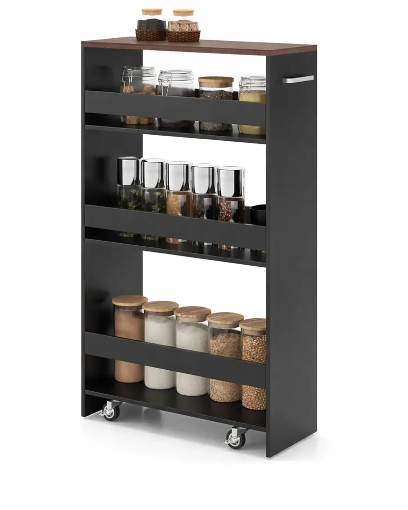 Тясна кухненска количка с 4 нива, зарядна станция и дръжка, 13 см, черна/кафява