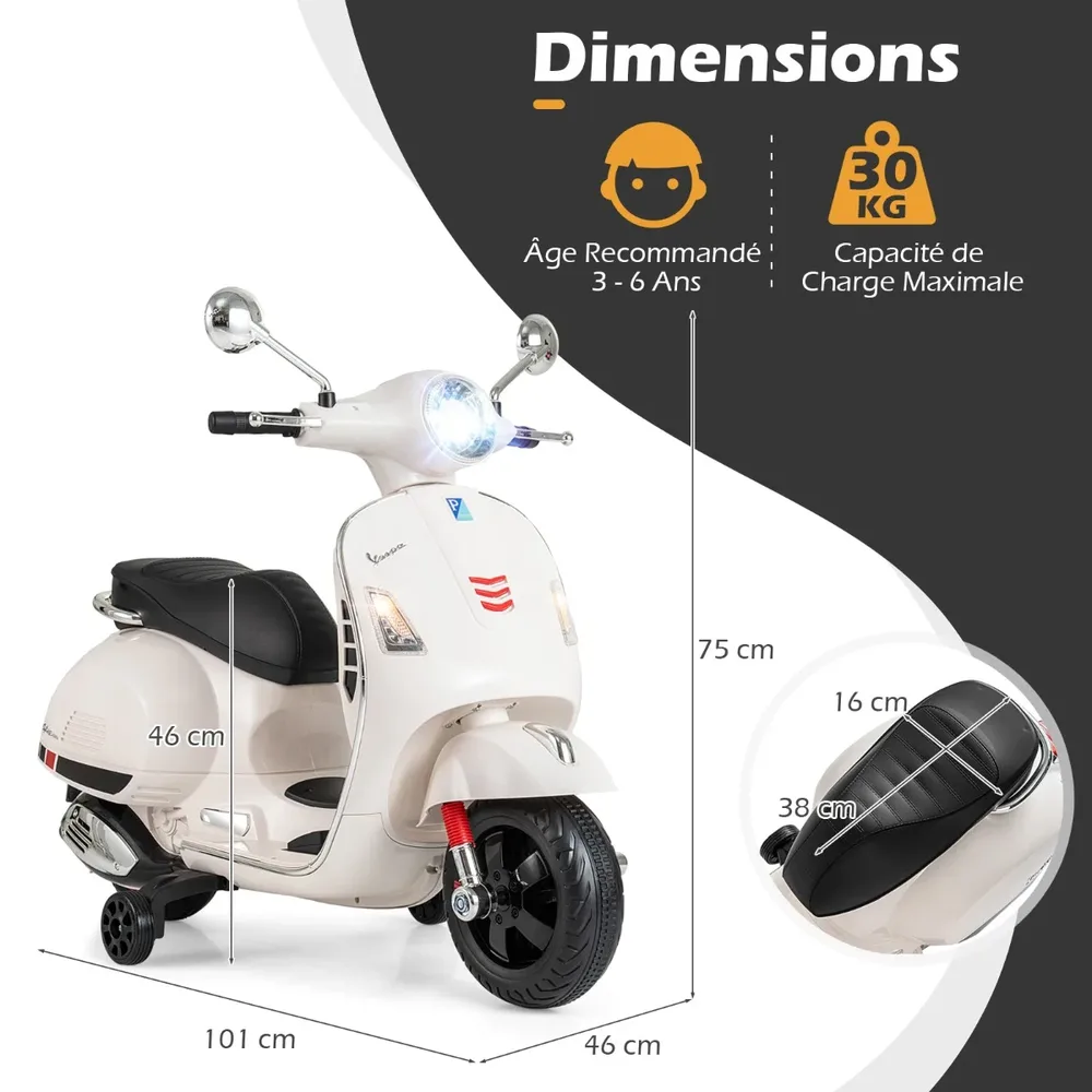 Детски електрически мотор Vespa 12 V с помощни колела, музика и клаксон, бял, снимка 7