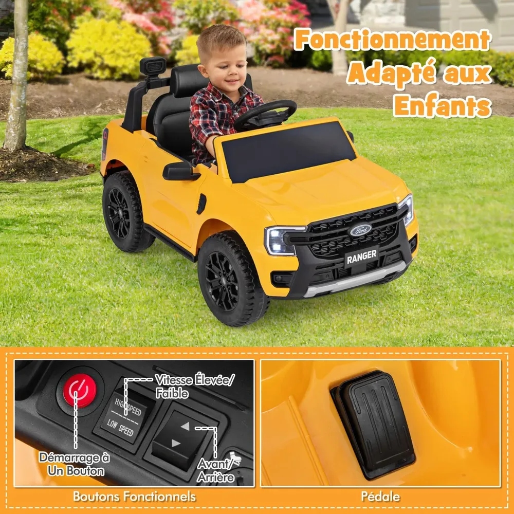 Детска електрическа кола Ford Ranger 12V с дистанционно, музика и кош за съхранение, жълта, снимка 3