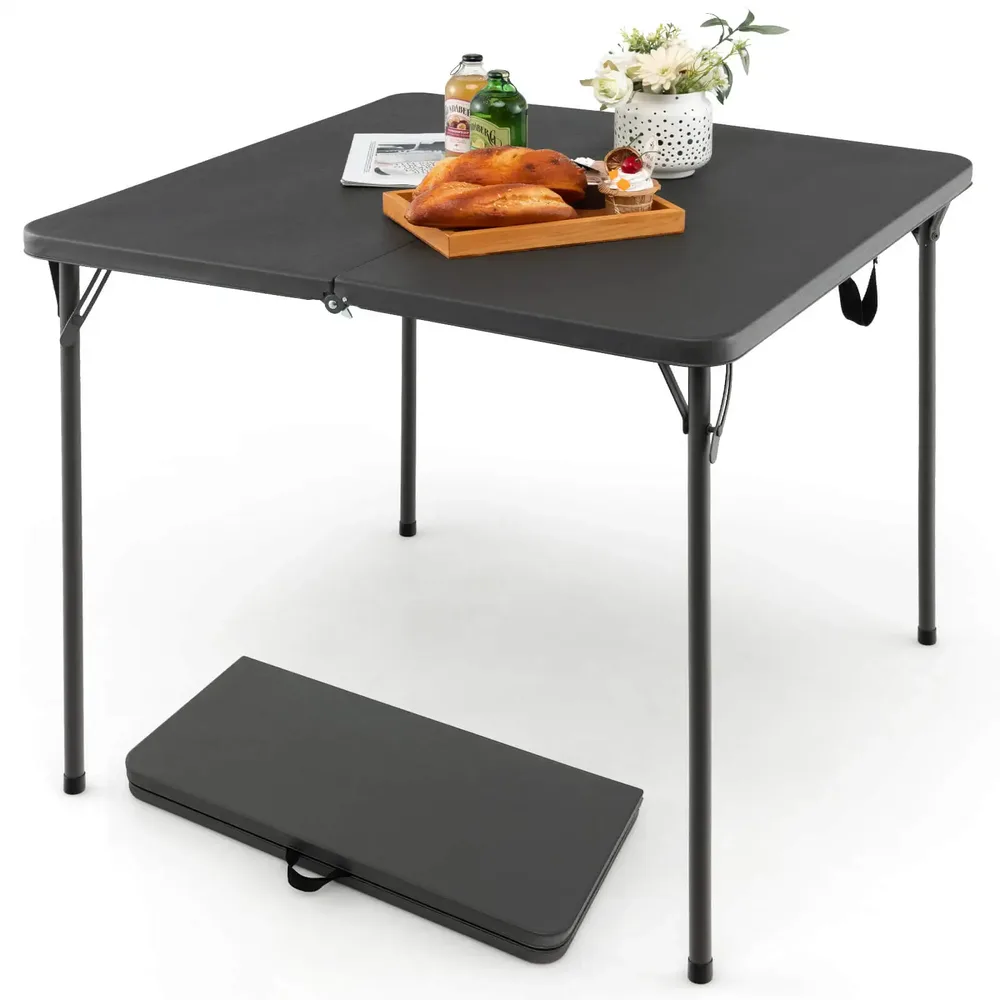 Сгъваема къмпинг маса с плот от HDPE и стоманена рамка, 86 × 86 см, сива, снимка 4